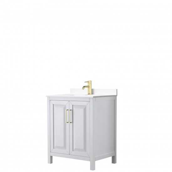 30 Inch Single Bathroom Vanity in White, White Cultured Marble Countertop, Sink, Gold Trim