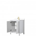 30 Inch Single Bathroom Vanity in White, White Cultured Marble Countertop, Sink, Gold Trim