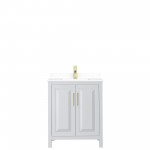 30 Inch Single Bathroom Vanity in White, White Cultured Marble Countertop, Sink, Gold Trim