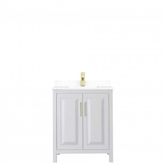 30 Inch Single Bathroom Vanity in White, White Cultured Marble Countertop, Sink, Gold Trim