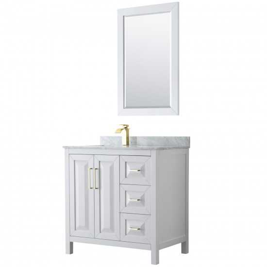 36 Inch Single Bathroom Vanity in White, White Carrara Marble Countertop, Sink, 24 Inch Mirror, Gold Trim