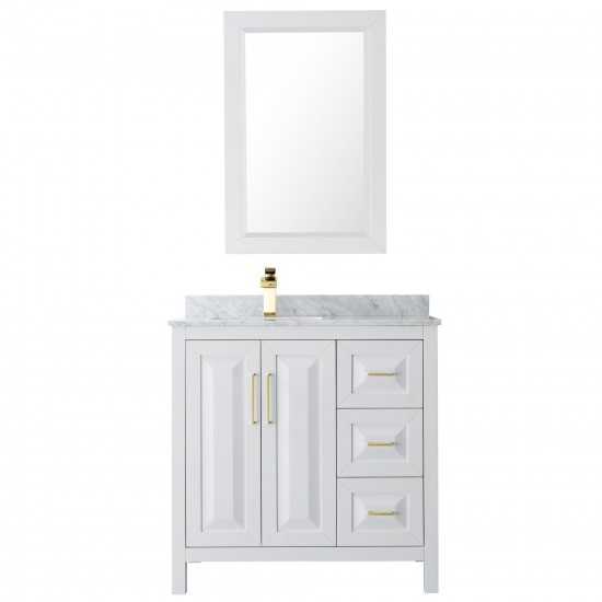 36 Inch Single Bathroom Vanity in White, White Carrara Marble Countertop, Sink, 24 Inch Mirror, Gold Trim