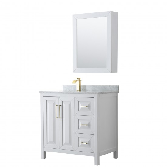 36 Inch Single Bathroom Vanity in White, White Carrara Marble Countertop, Sink, Medicine Cabinet, Gold Trim