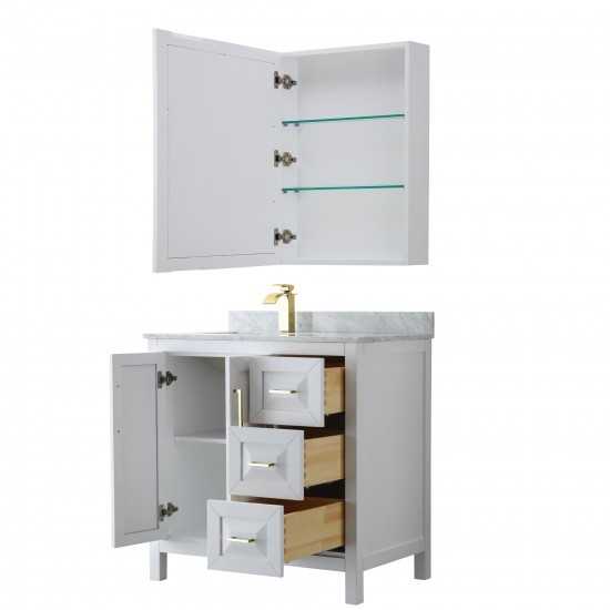 36 Inch Single Bathroom Vanity in White, White Carrara Marble Countertop, Sink, Medicine Cabinet, Gold Trim