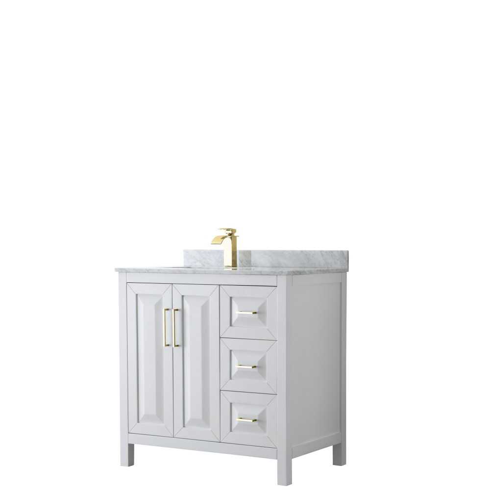 36 Inch Single Bathroom Vanity in White, White Carrara Marble Countertop, Sink, Gold Trim