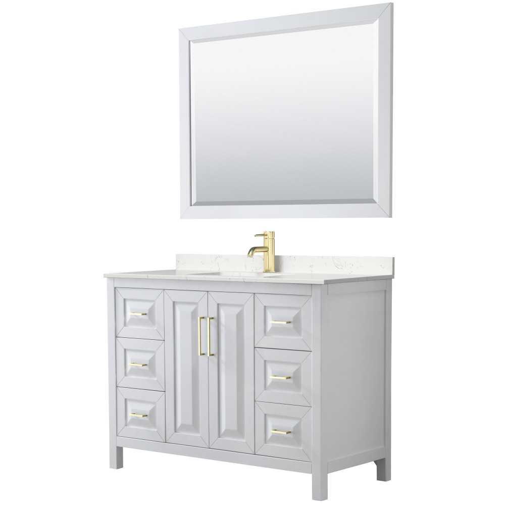 48 Inch Single Bathroom Vanity in White, Light-Vein Carrara Cultured Marble Countertop, Sink, 46 Inch Mirror, Gold Trim