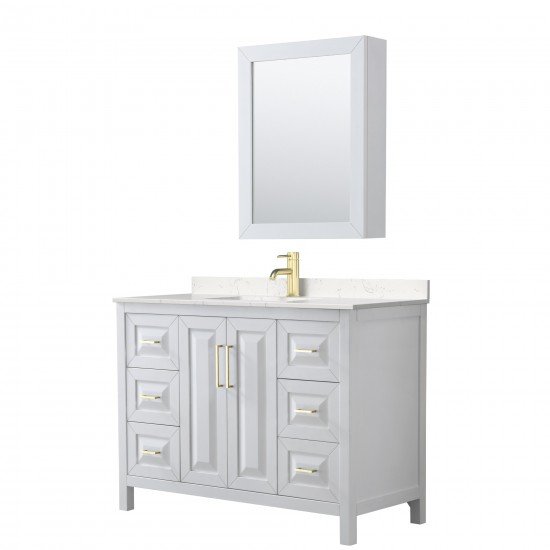 48 Inch Single Bathroom Vanity in White, Light-Vein Carrara Cultured Marble Countertop, Sink, Medicine Cabinet, Gold Trim