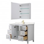 48 Inch Single Bathroom Vanity in White, Light-Vein Carrara Cultured Marble Countertop, Sink, Medicine Cabinet, Gold Trim