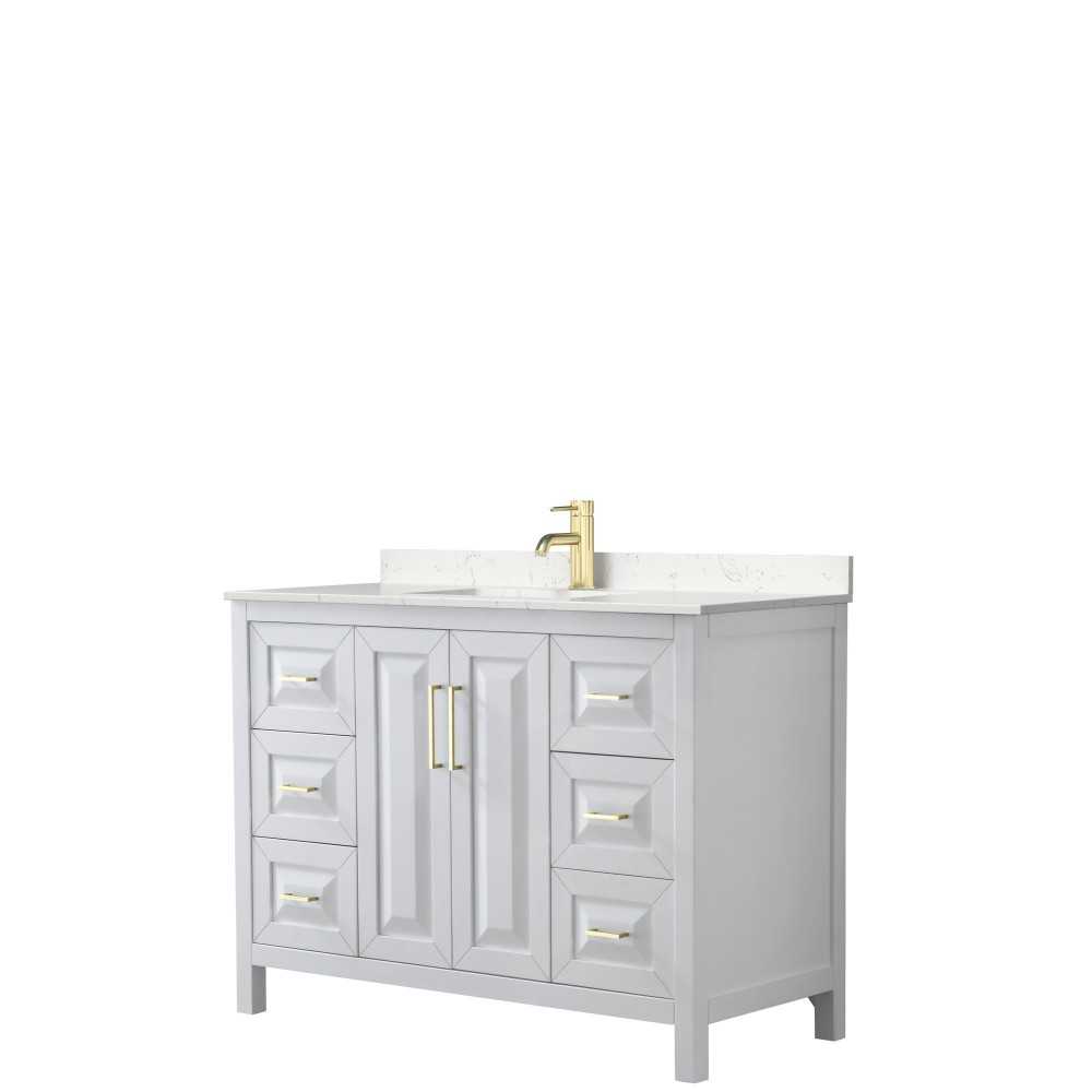 48 Inch Single Bathroom Vanity in White, Light-Vein Carrara Cultured Marble Countertop, Sink, Gold Trim