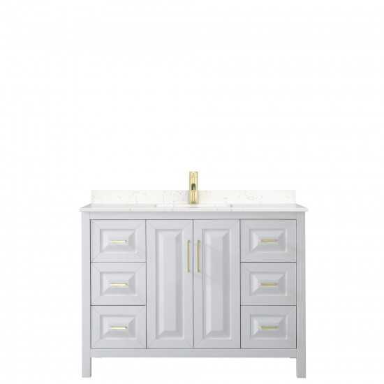 48 Inch Single Bathroom Vanity in White, Light-Vein Carrara Cultured Marble Countertop, Sink, Gold Trim