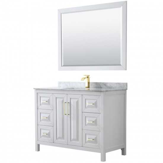 48 Inch Single Bathroom Vanity in White, White Carrara Marble Countertop, Sink, 46 Inch Mirror, Gold Trim