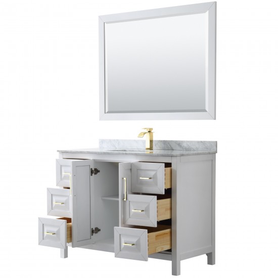 48 Inch Single Bathroom Vanity in White, White Carrara Marble Countertop, Sink, 46 Inch Mirror, Gold Trim