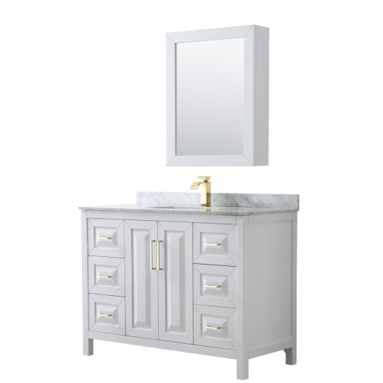 48 Inch Single Bathroom Vanity in White, White Carrara Marble Countertop, Sink, Medicine Cabinet, Gold Trim