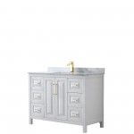 48 Inch Single Bathroom Vanity in White, White Carrara Marble Countertop, Sink, Gold Trim