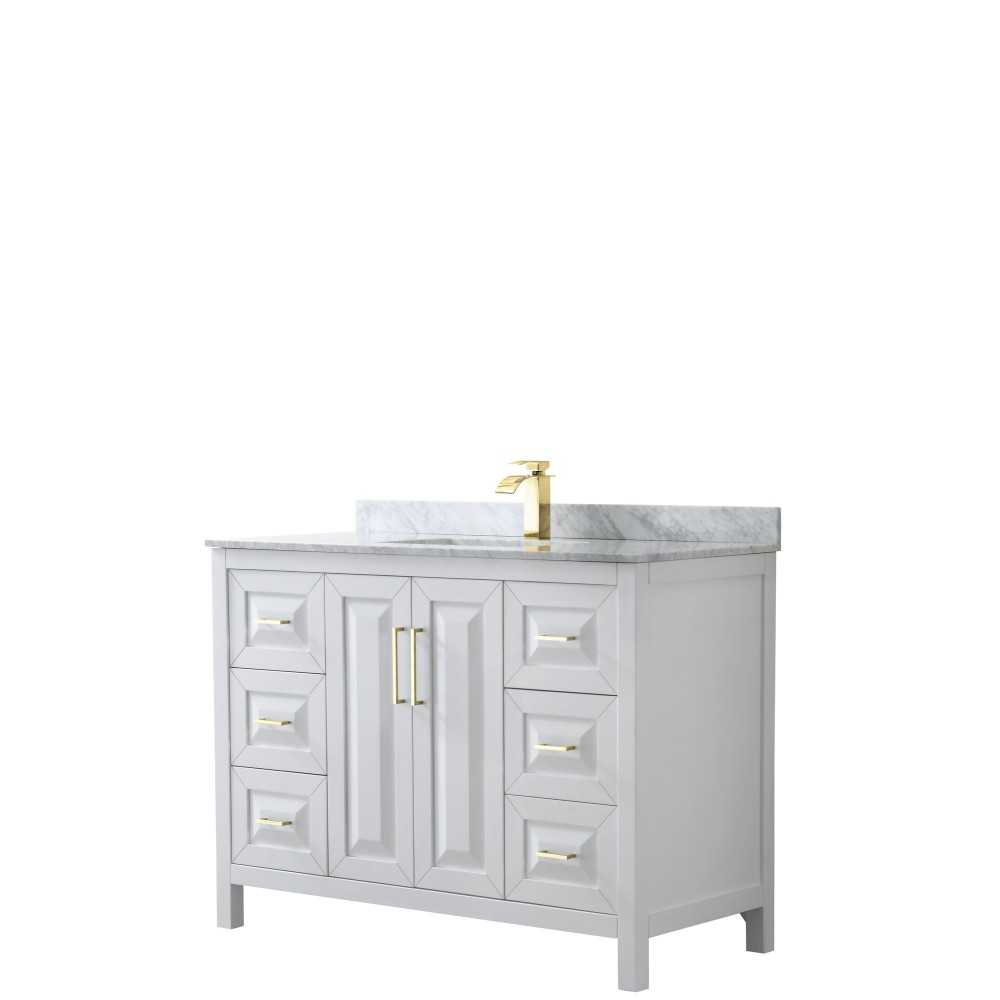 48 Inch Single Bathroom Vanity in White, White Carrara Marble Countertop, Sink, Gold Trim