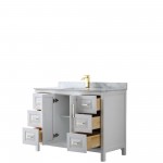 48 Inch Single Bathroom Vanity in White, White Carrara Marble Countertop, Sink, Gold Trim