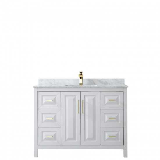 48 Inch Single Bathroom Vanity in White, White Carrara Marble Countertop, Sink, Gold Trim