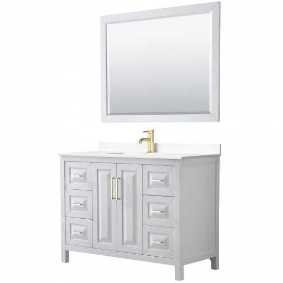 48 Inch Single Bathroom Vanity in White, White Cultured Marble Countertop, Sink, 46 Inch Mirror, Gold Trim