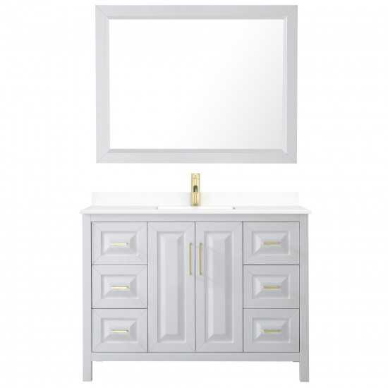 48 Inch Single Bathroom Vanity in White, White Cultured Marble Countertop, Sink, 46 Inch Mirror, Gold Trim