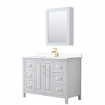 48 Inch Single Bathroom Vanity in White, White Cultured Marble Countertop, Sink, Medicine Cabinet, Gold Trim