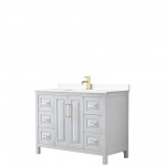 48 Inch Single Bathroom Vanity in White, White Cultured Marble Countertop, Sink, Gold Trim