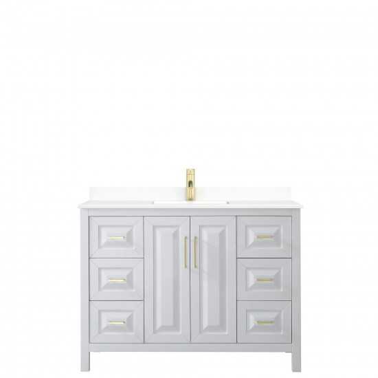 48 Inch Single Bathroom Vanity in White, White Cultured Marble Countertop, Sink, Gold Trim