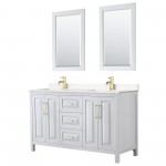 60 Inch Double Bathroom Vanity in White, Light-Vein Carrara Cultured Marble Countertop, Sinks, 24 Inch Mirrors, Gold Trim