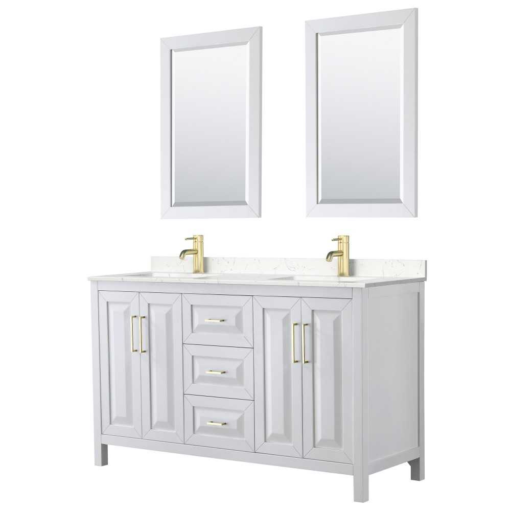 60 Inch Double Bathroom Vanity in White, Light-Vein Carrara Cultured Marble Countertop, Sinks, 24 Inch Mirrors, Gold Trim