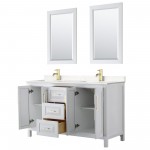 60 Inch Double Bathroom Vanity in White, Light-Vein Carrara Cultured Marble Countertop, Sinks, 24 Inch Mirrors, Gold Trim