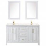 60 Inch Double Bathroom Vanity in White, Light-Vein Carrara Cultured Marble Countertop, Sinks, 24 Inch Mirrors, Gold Trim