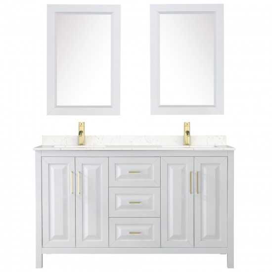 60 Inch Double Bathroom Vanity in White, Light-Vein Carrara Cultured Marble Countertop, Sinks, 24 Inch Mirrors, Gold Trim