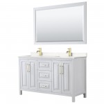 60 Inch Double Bathroom Vanity in White, Light-Vein Carrara Cultured Marble Countertop, Sinks, 58 Inch Mirror, Gold Trim