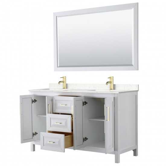 60 Inch Double Bathroom Vanity in White, Light-Vein Carrara Cultured Marble Countertop, Sinks, 58 Inch Mirror, Gold Trim