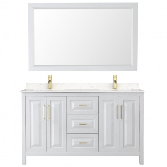 60 Inch Double Bathroom Vanity in White, Light-Vein Carrara Cultured Marble Countertop, Sinks, 58 Inch Mirror, Gold Trim