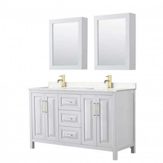 60 Inch Double Bathroom Vanity in White, Light-Vein Carrara Cultured Marble Countertop, Sinks, Medicine Cabinets, Gold Trim