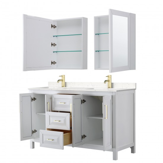 60 Inch Double Bathroom Vanity in White, Light-Vein Carrara Cultured Marble Countertop, Sinks, Medicine Cabinets, Gold Trim