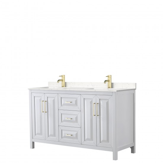 60 Inch Double Bathroom Vanity in White, Light-Vein Carrara Cultured Marble Countertop, Sinks, Gold Trim