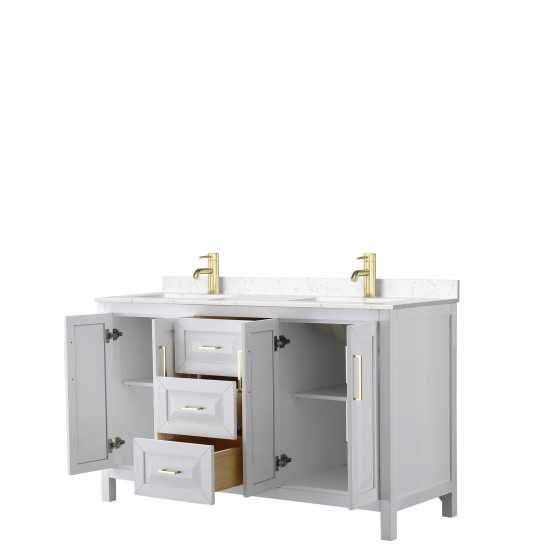 60 Inch Double Bathroom Vanity in White, Light-Vein Carrara Cultured Marble Countertop, Sinks, Gold Trim