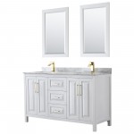 60 Inch Double Bathroom Vanity in White, White Carrara Marble Countertop, Sinks, 24 Inch Mirrors, Gold Trim