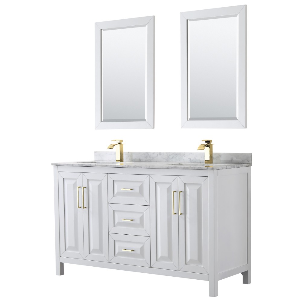 60 Inch Double Bathroom Vanity in White, White Carrara Marble Countertop, Sinks, 24 Inch Mirrors, Gold Trim