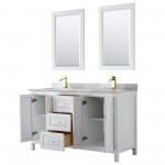 60 Inch Double Bathroom Vanity in White, White Carrara Marble Countertop, Sinks, 24 Inch Mirrors, Gold Trim