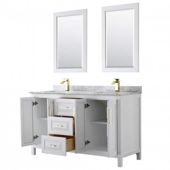 60 Inch Double Bathroom Vanity in White, White Carrara Marble Countertop, Sinks, 24 Inch Mirrors, Gold Trim