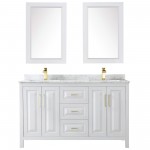 60 Inch Double Bathroom Vanity in White, White Carrara Marble Countertop, Sinks, 24 Inch Mirrors, Gold Trim