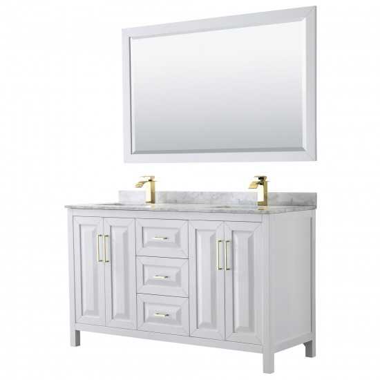 60 Inch Double Bathroom Vanity in White, White Carrara Marble Countertop, Sinks, 58 Inch Mirror, Gold Trim