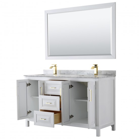 60 Inch Double Bathroom Vanity in White, White Carrara Marble Countertop, Sinks, 58 Inch Mirror, Gold Trim