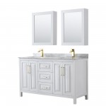 60 Inch Double Bathroom Vanity in White, White Carrara Marble Countertop, Sinks, Medicine Cabinets, Gold Trim