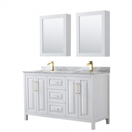 60 Inch Double Bathroom Vanity in White, White Carrara Marble Countertop, Sinks, Medicine Cabinets, Gold Trim