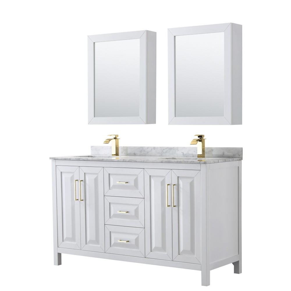 60 Inch Double Bathroom Vanity in White, White Carrara Marble Countertop, Sinks, Medicine Cabinets, Gold Trim