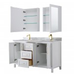 60 Inch Double Bathroom Vanity in White, White Carrara Marble Countertop, Sinks, Medicine Cabinets, Gold Trim