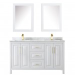 60 Inch Double Bathroom Vanity in White, White Carrara Marble Countertop, Sinks, Medicine Cabinets, Gold Trim